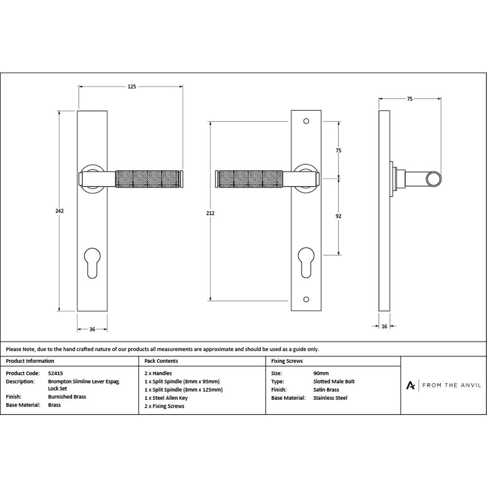 High quality images of the From The Anvil - Burnished Brass Brompton Slimline Lever Espag. Lock Set | Sku. Anvil-52415 | available to order from Trade Door Handles, quick delivery at discounted prices.