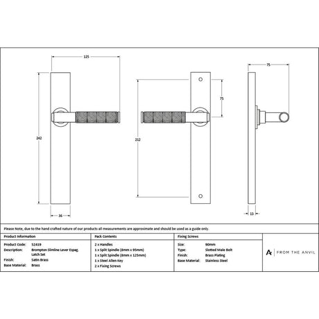 High quality images of the From The Anvil - Satin Brass Brompton Slimline Lever Espag. Latch Set | Sku. Anvil-52419 | available to order from Trade Door Handles, quick delivery at discounted prices.