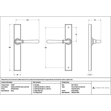 High quality images of the From The Anvil - Polished Brass Newbury Slimline Lever Espag. Latch Set | Sku. Anvil-52420 | available to order from Trade Door Handles, quick delivery at discounted prices.