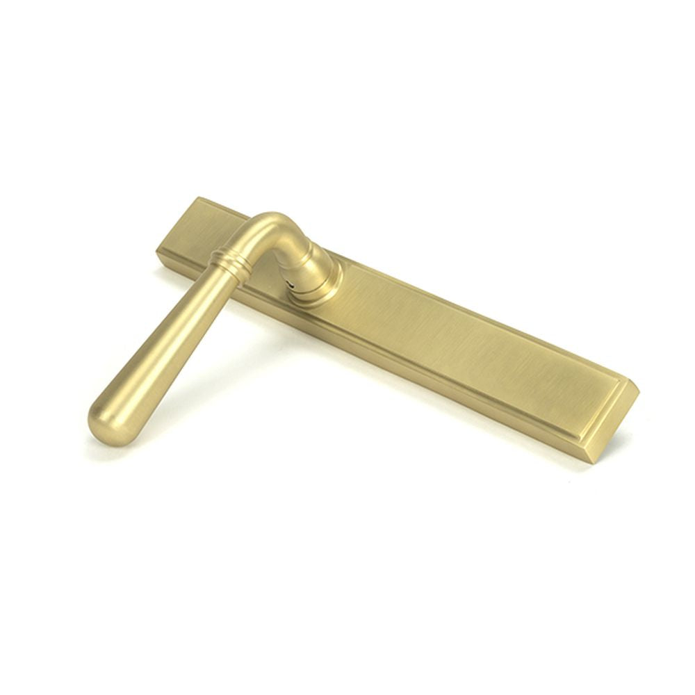 High quality images of the From The Anvil - Satin Brass Newbury Slimline Lever Espag. Latch Set | Sku. Anvil-52422 | available to order from Trade Door Handles, quick delivery at discounted prices.
