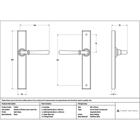 High quality images of the From The Anvil - Satin Brass Newbury Slimline Lever Espag. Latch Set | Sku. Anvil-52422 | available to order from Trade Door Handles, quick delivery at discounted prices.