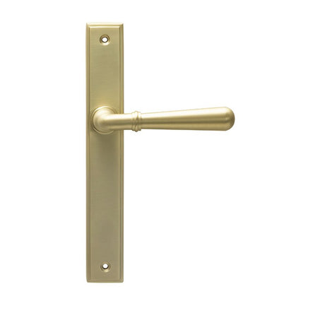 High quality images of the From The Anvil - Satin Brass Newbury Slimline Lever Espag. Latch Set | Sku. Anvil-52422 | available to order from Trade Door Handles, quick delivery at discounted prices.