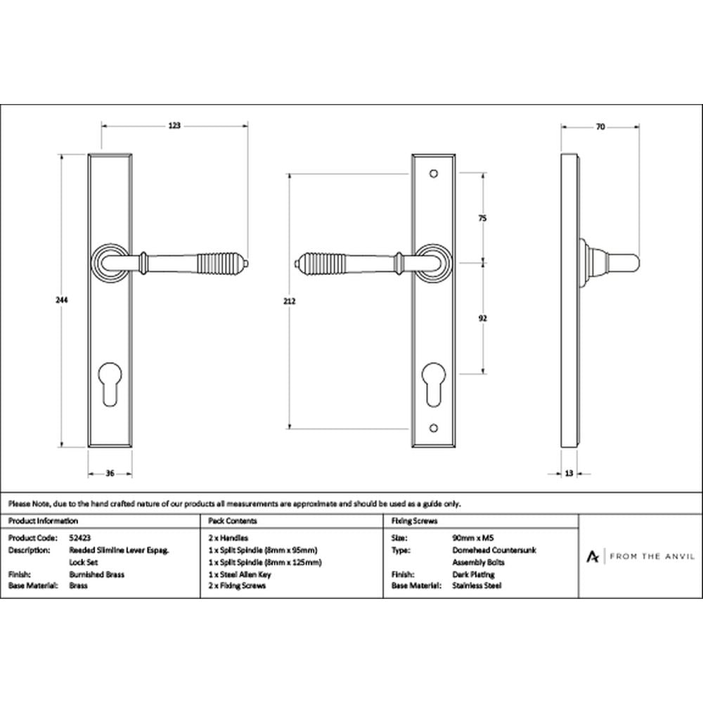 High quality images of the From The Anvil - Burnished Brass Reeded Slimline Lever Espag. Lock Set | Sku. Anvil-52423 | available to order from Trade Door Handles, quick delivery at discounted prices.