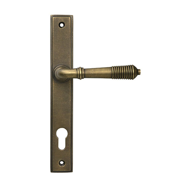 High quality images of the From The Anvil - Burnished Brass Reeded Slimline Lever Espag. Lock Set | Sku. Anvil-52423 | available to order from Trade Door Handles, quick delivery at discounted prices.