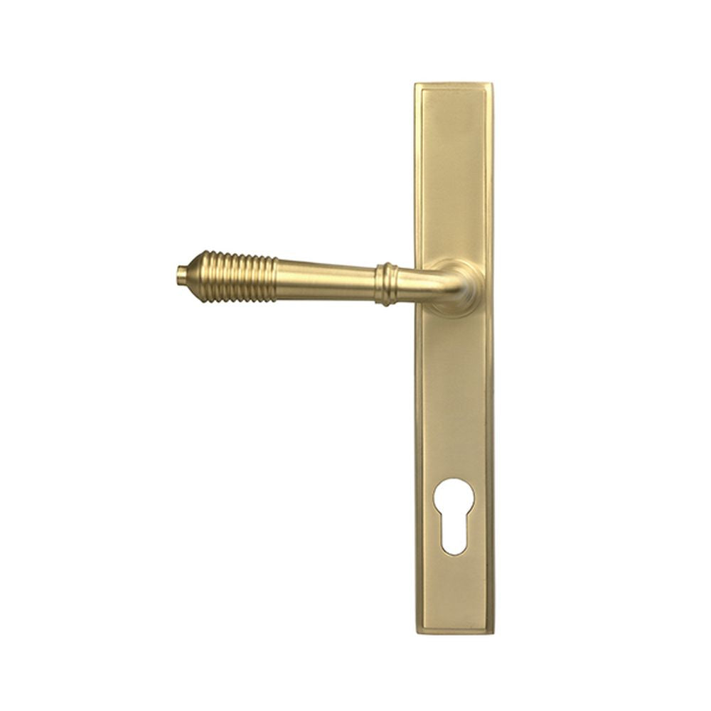 High quality images of the From The Anvil - Satin Brass Reeded Slimline Lever Espag. Lock Set | Sku. Anvil-52424 | available to order from Trade Door Handles, quick delivery at discounted prices.