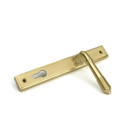 High quality images of the From The Anvil - Satin Brass Reeded Slimline Lever Espag. Lock Set | Sku. Anvil-52424 | available to order from Trade Door Handles, quick delivery at discounted prices.