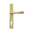 High quality images of the From The Anvil - Satin Brass Reeded Slimline Lever Espag. Lock Set | Sku. Anvil-52424 | available to order from Trade Door Handles, quick delivery at discounted prices.