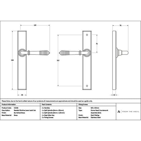 High quality images of the From The Anvil - Burnished Brass Reeded Slimline Lever Latch Set | Sku. Anvil-52426 | available to order from Trade Door Handles, quick delivery at discounted prices.