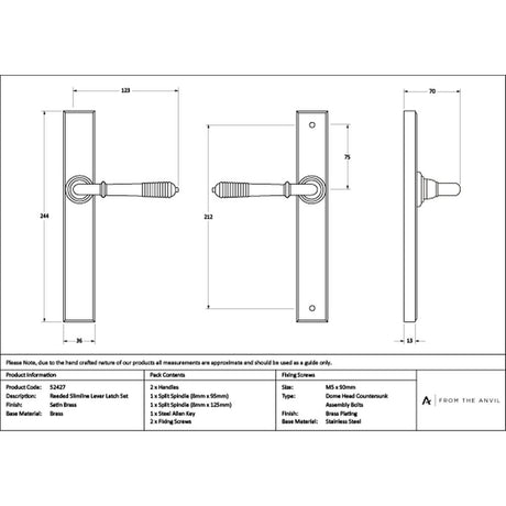 High quality images of the From The Anvil - Satin Brass Reeded Slimline Lever Latch Set | Sku. Anvil-52427 | available to order from Trade Door Handles, quick delivery at discounted prices.
