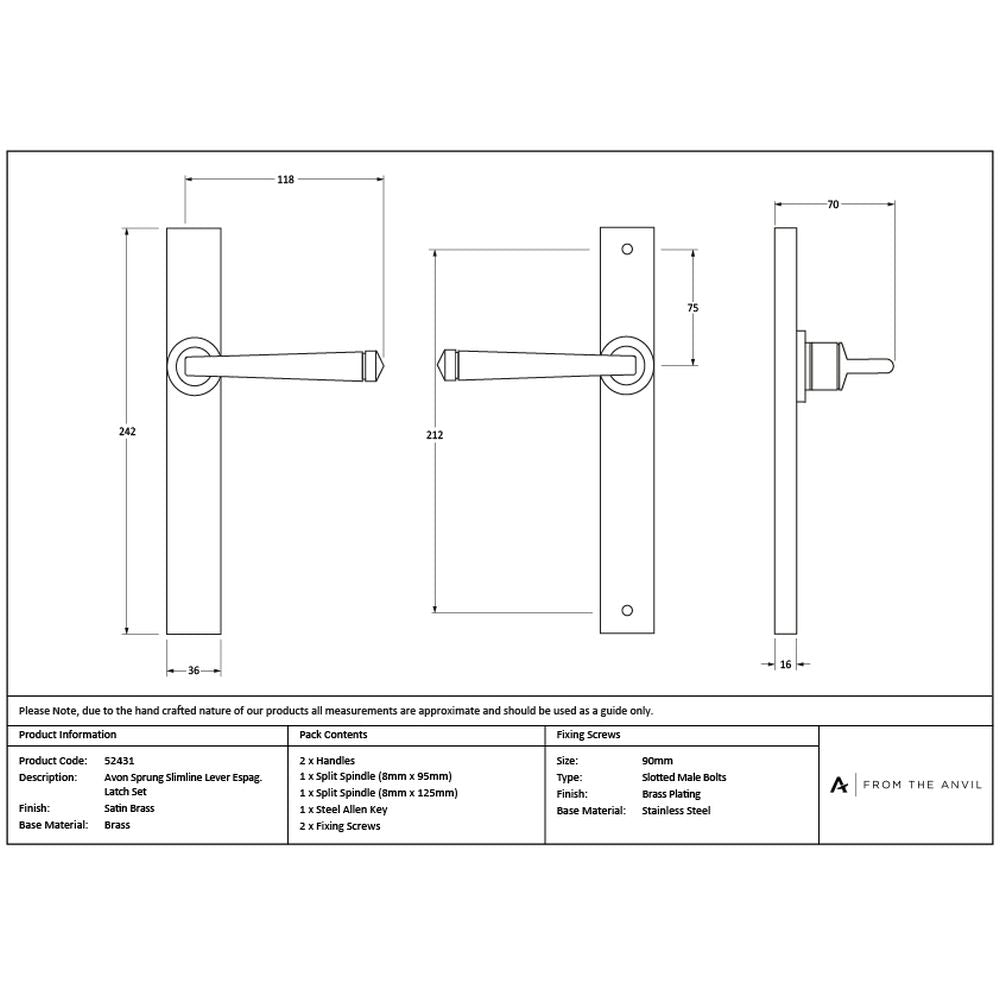 High quality images of the From The Anvil - Satin Brass Avon Slimline Lever Latch Set | Sku. Anvil-52431 | available to order from Trade Door Handles, quick delivery at discounted prices.