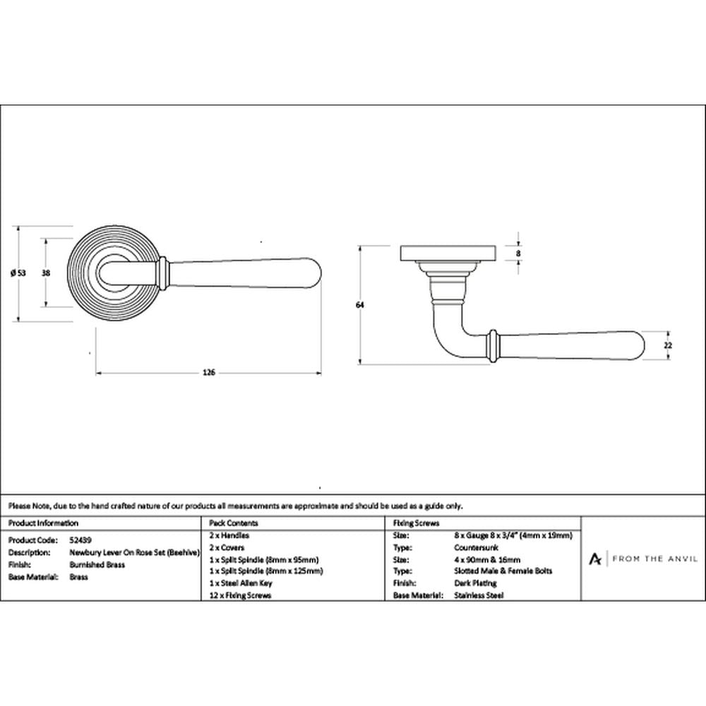 High quality images of the From The Anvil - Burnished Brass Newbury Lever on Rose Set (Beehive) | Sku. Anvil-52439 | available to order from Trade Door Handles, quick delivery at discounted prices.
