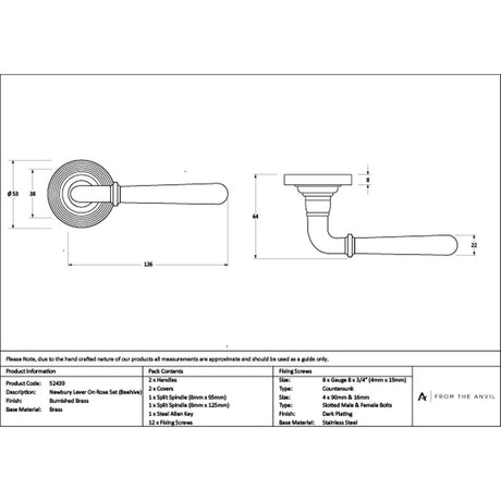 High quality images of the From The Anvil - Burnished Brass Newbury Lever on Rose Set (Beehive) | Sku. Anvil-52439 | available to order from Trade Door Handles, quick delivery at discounted prices.