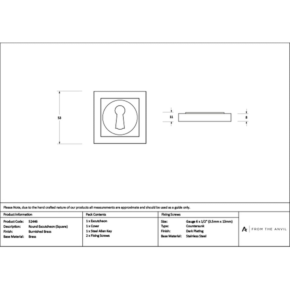 High quality images of the From The Anvil - Burnished Brass Round Escutcheon (Square) | Sku. Anvil-52446 | available to order from Trade Door Handles, quick delivery at discounted prices.