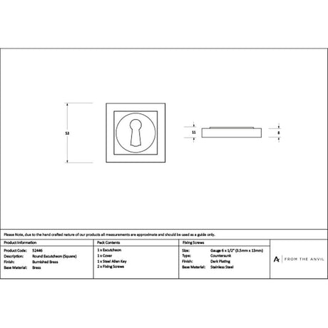 High quality images of the From The Anvil - Burnished Brass Round Escutcheon (Square) | Sku. Anvil-52446 | available to order from Trade Door Handles, quick delivery at discounted prices.