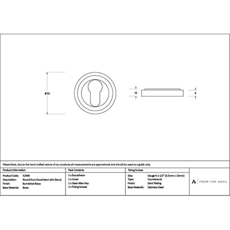 High quality images of the From The Anvil - Burnished Brass Round Euro Escutcheon (Art Deco) | Sku. Anvil-52448 | available to order from Trade Door Handles, quick delivery at discounted prices.