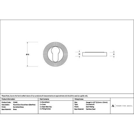 High quality images of the From The Anvil - Burnished Brass Round Euro Escutcheon (Beehive) | Sku. Anvil-52449 | available to order from Trade Door Handles, quick delivery at discounted prices.