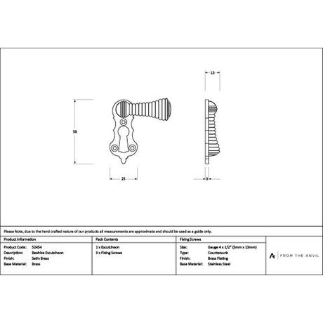 High quality images of the From The Anvil - Satin Brass Beehive Escutcheon | Sku. Anvil-52454 | available to order from Trade Door Handles, quick delivery at discounted prices.