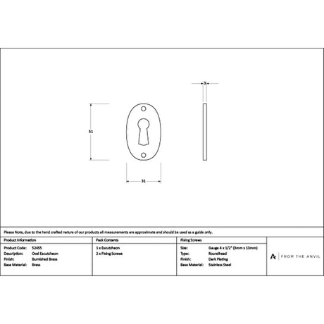 High quality images of the From The Anvil - Burnished Brass Oval Escutcheon | Sku. Anvil-52455 | available to order from Trade Door Handles, quick delivery at discounted prices.