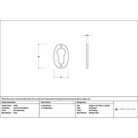 High quality images of the From The Anvil - Burnished Brass Oval Euro Escutcheon | Sku. Anvil-52457 | available to order from Trade Door Handles, quick delivery at discounted prices.