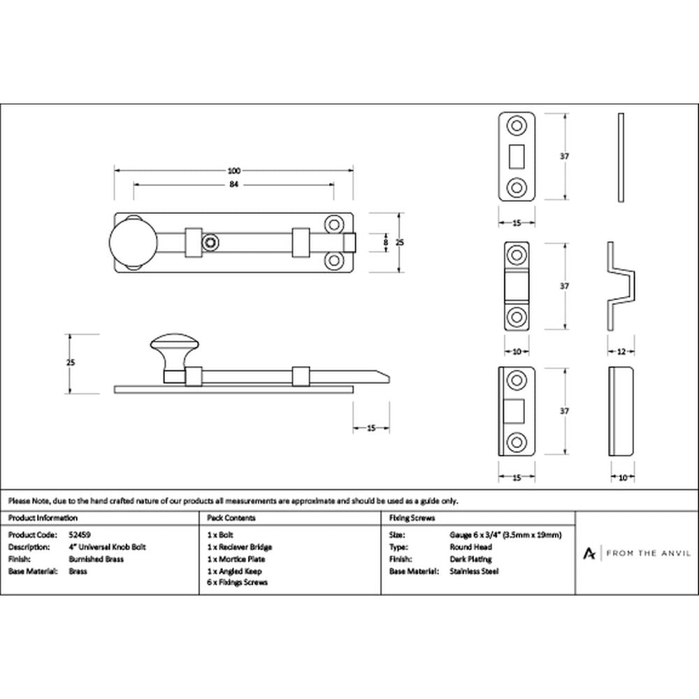 High quality images of the From The Anvil - Burnished Brass 4" Universal Bolt | Sku. Anvil-52459 | available to order from Trade Door Handles, quick delivery at discounted prices.