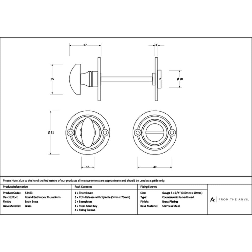 High quality images of the From The Anvil - Satin Brass Round Bathroom Thumbturn | Sku. Anvil-52463 | available to order from Trade Door Handles, quick delivery at discounted prices.