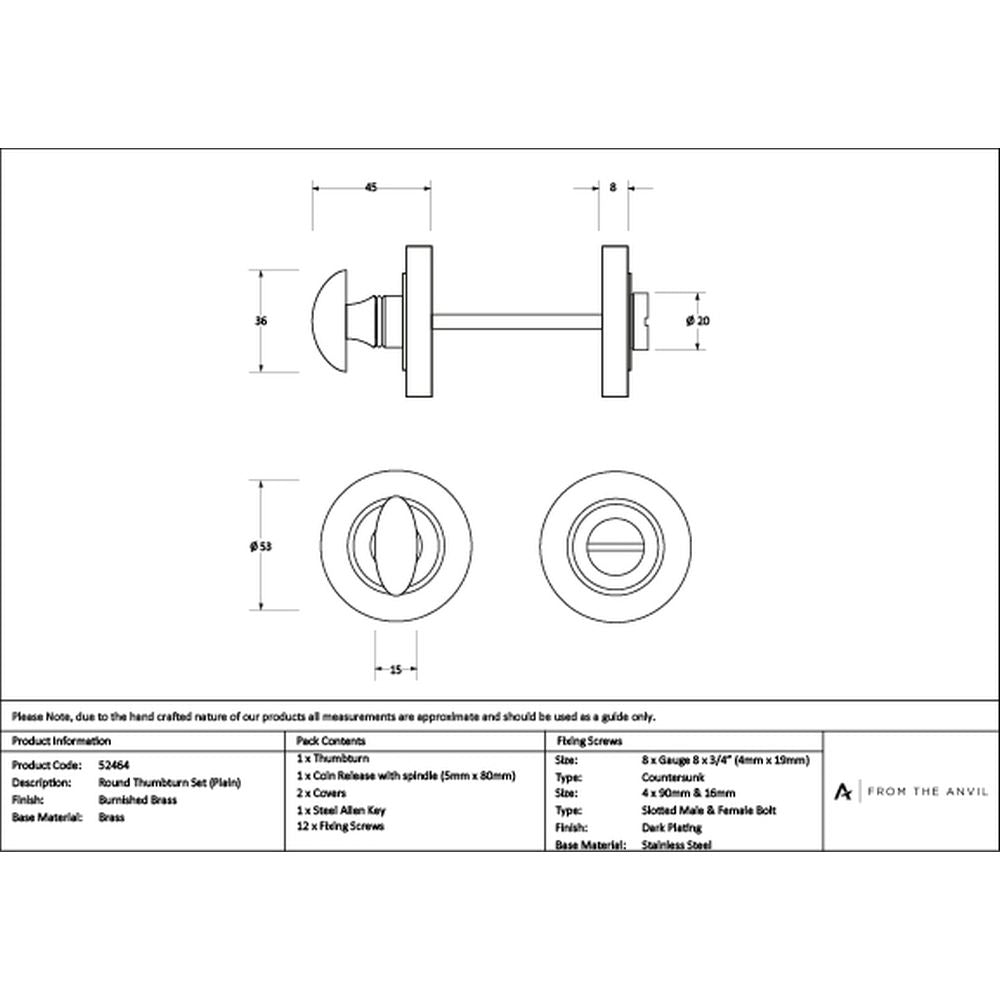 High quality images of the From The Anvil - Burnished Brass Round Thumbturn Set (Plain) | Sku. Anvil-52464 | available to order from Trade Door Handles, quick delivery at discounted prices.