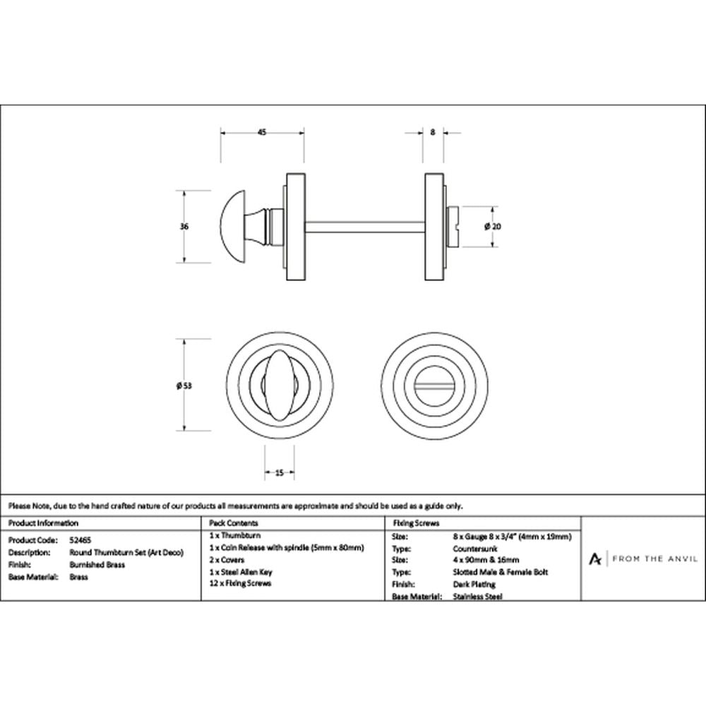 High quality images of the From The Anvil - Burnished Brass Round Thumbturn Set (Art Deco) | Sku. Anvil-52465 | available to order from Trade Door Handles, quick delivery at discounted prices.