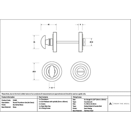High quality images of the From The Anvil - Burnished Brass Round Thumbturn Set (Art Deco) | Sku. Anvil-52465 | available to order from Trade Door Handles, quick delivery at discounted prices.