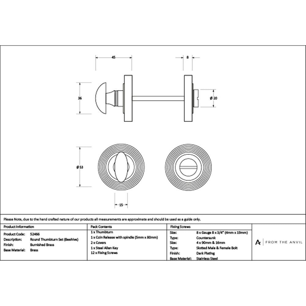 High quality images of the From The Anvil - Burnished Brass Round Thumbturn Set (Beehive) | Sku. Anvil-52466 | available to order from Trade Door Handles, quick delivery at discounted prices.