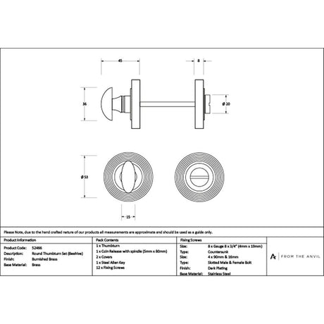 High quality images of the From The Anvil - Burnished Brass Round Thumbturn Set (Beehive) | Sku. Anvil-52466 | available to order from Trade Door Handles, quick delivery at discounted prices.