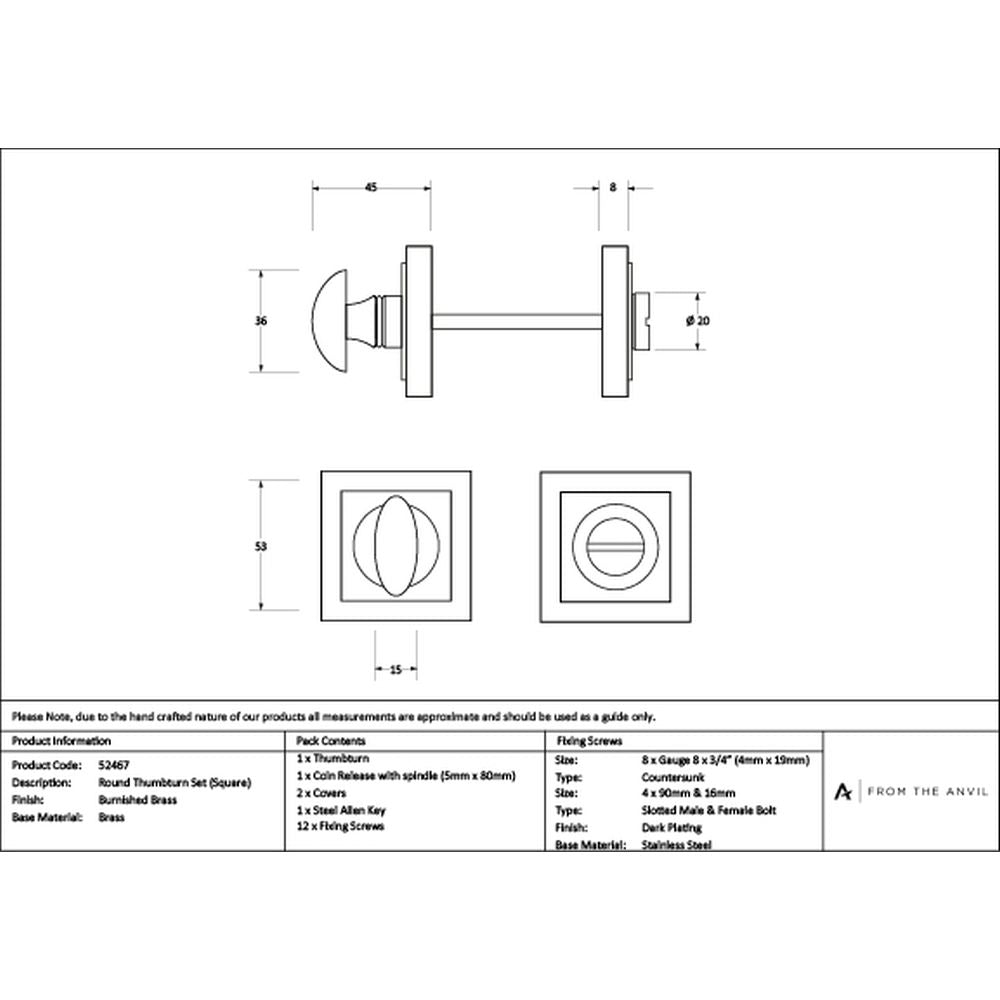 High quality images of the From The Anvil - Burnished Brass Round Thumbturn Set (Square) | Sku. Anvil-52467 | available to order from Trade Door Handles, quick delivery at discounted prices.