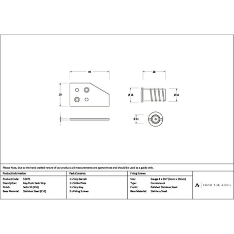 High quality images of the From The Anvil - Satin Marine SS (316) Key-Flush Sash Stop | Sku. Anvil-52475 | available to order from Trade Door Handles, quick delivery at discounted prices.