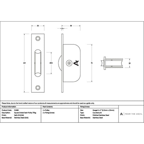 High quality images of the From The Anvil - Satin Marine SS (316) Square Ended Sash Pulley 75kg | Sku. Anvil-52480 | available to order from Trade Door Handles, quick delivery at discounted prices.