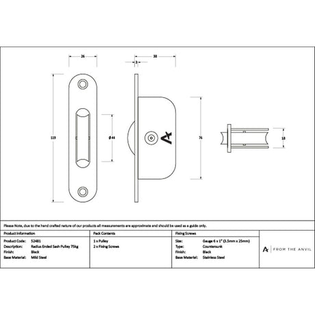 High quality images of the From The Anvil - Black Radiused Sash Pulley 75kg | Sku. Anvil-52481 | available to order from Trade Door Handles, quick delivery at discounted prices.