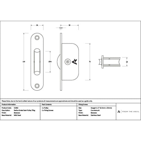High quality images of the From The Anvil - Beeswax Radiused Sash Pulley 75kg | Sku. Anvil-52482 | available to order from Trade Door Handles, quick delivery at discounted prices.