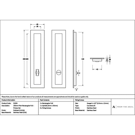 High quality images of the From The Anvil - Polished Marine SS (316) 250mm Plain Rectangular Pull - Privacy Set | Sku. Anvil-52503 | available to order from Trade Door Handles, quick delivery at discounted prices.