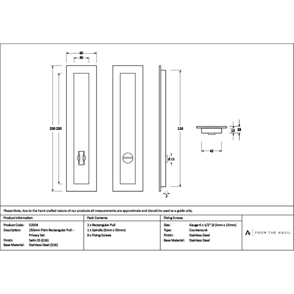 High quality images of the From The Anvil - Satin Marine SS (316) 250mm Plain Rectangular Pull - Privacy Set | Sku. Anvil-52504 | available to order from Trade Door Handles, quick delivery at discounted prices.