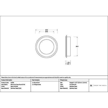 High quality images of the From The Anvil - Satin Marine SS (316) 60mm Art Deco Round Pull | Sku. Anvil-52506 | available to order from Trade Door Handles, quick delivery at discounted prices.