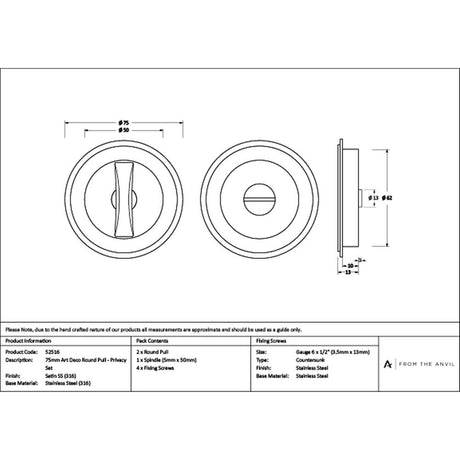 High quality images of the From The Anvil - Satin Marine SS (316) 75mm Art Deco Round Pull - Privacy Set | Sku. Anvil-52516 | available to order from Trade Door Handles, quick delivery at discounted prices.