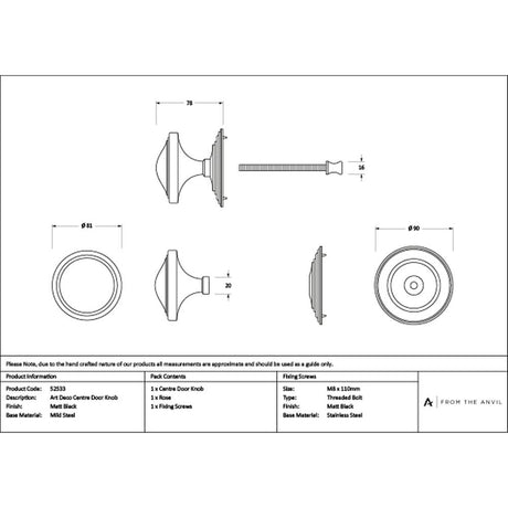 High quality images of the From The Anvil - Matt Black Art Deco Centre Door Knob | Sku. Anvil-52533 | available to order from Trade Door Handles, quick delivery at discounted prices.