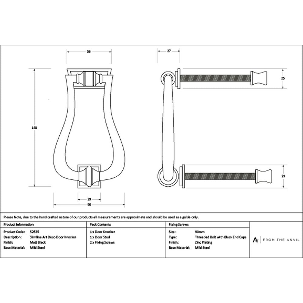 High quality images of the From The Anvil - Matt Black Slimline Art Deco Door Knocker | Sku. Anvil-52535 | available to order from Trade Door Handles, quick delivery at discounted prices.