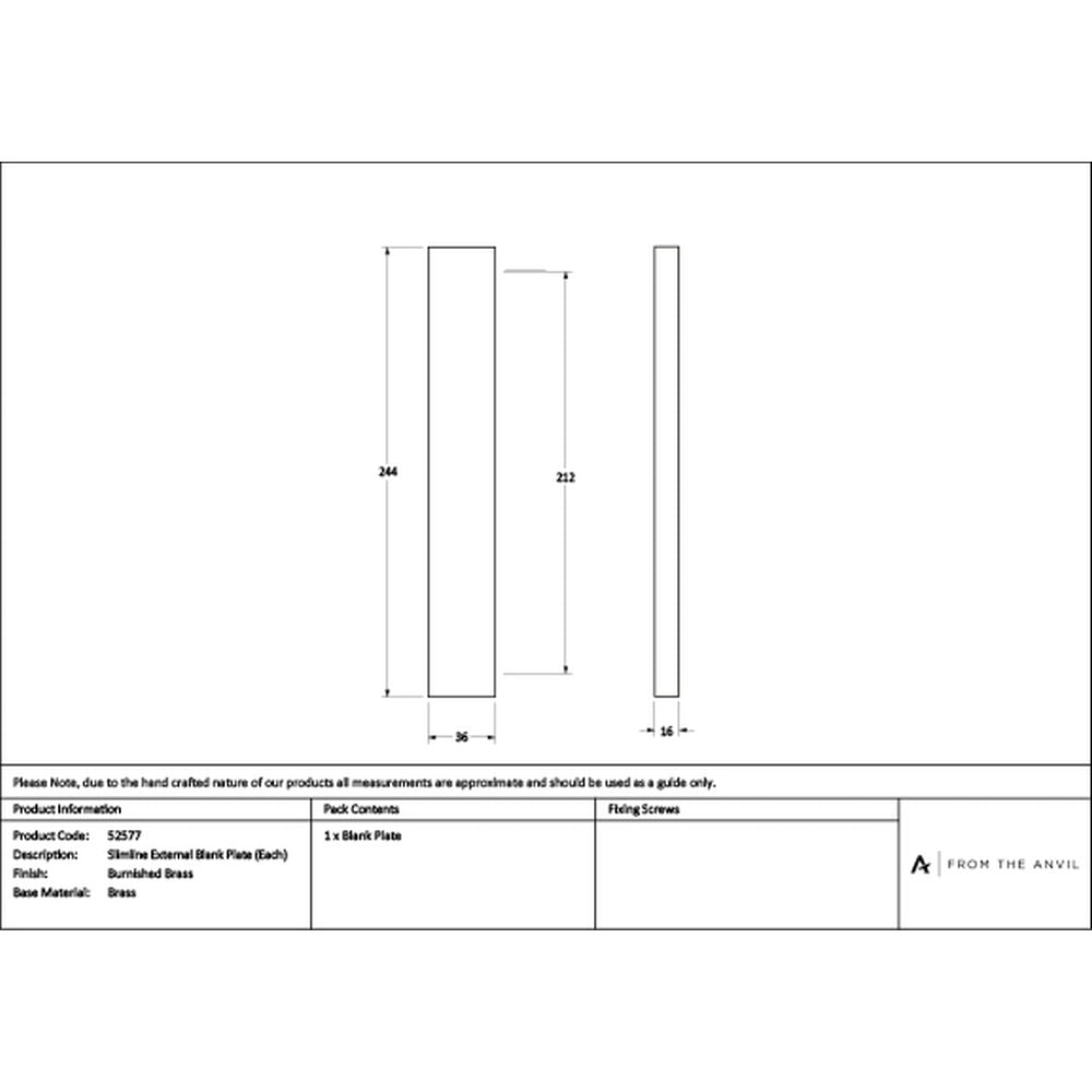 High quality images of the From The Anvil - Burnished Brass Slimline External Blank Plate (Each) | Sku. Anvil-52577 | available to order from Trade Door Handles, quick delivery at discounted prices.