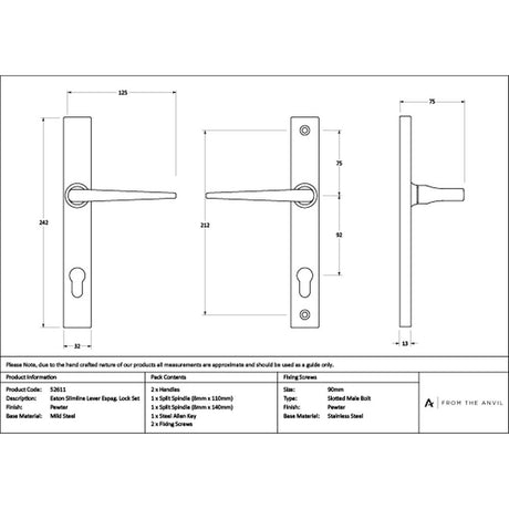 High quality images of the From The Anvil - Pewter Eaton Slimline Lever Espag. Lock Set | Sku. Anvil-52611 | available to order from Trade Door Handles, quick delivery at discounted prices.