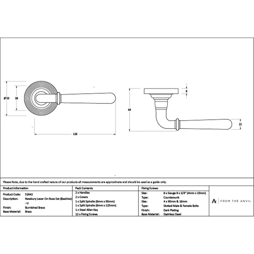 High quality images of the From The Anvil - Burnished Brass Newbury Lever on Rose Set (Beehive) - Unsprung | Sku. Anvil-52642 | available to order from Trade Door Handles, quick delivery at discounted prices.