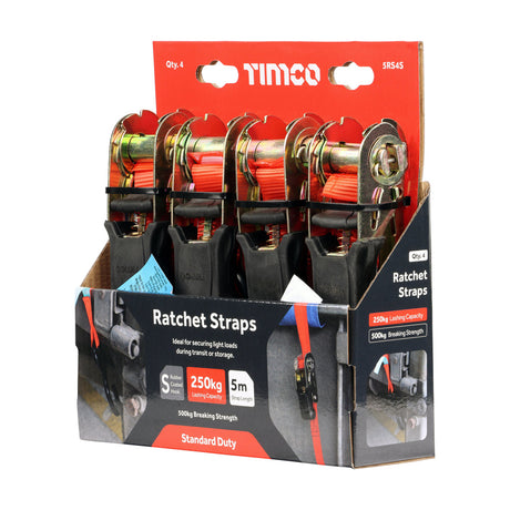 This is an image of Timco - Ratchet Straps - S Hook - Standard Duty 5m x 25mm (4 Pieces Box) 5RS4S