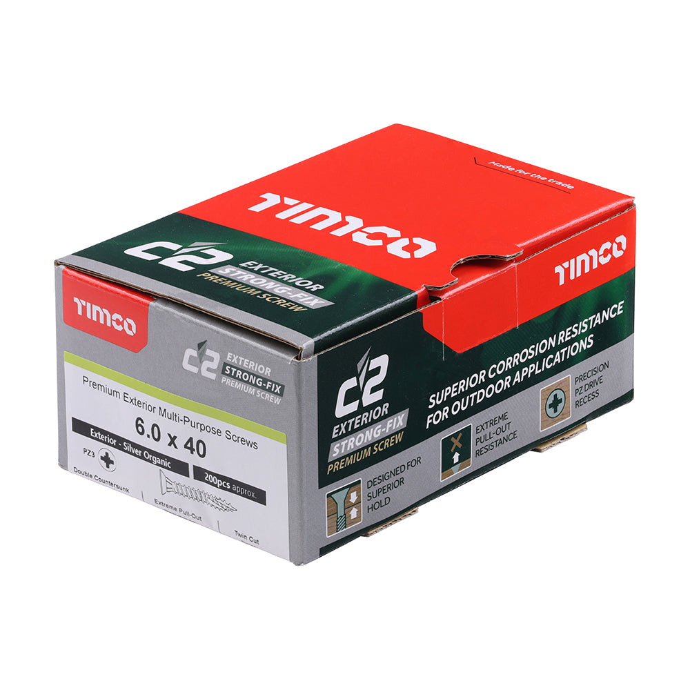 This is an image of Timco - C2 Exterior Strong-Fix Screws - PZ - Double Countersunk with Ribs - Twin-Cut - Silver 6.0 x 40mm - (200 PCS Box) 60040C2SBX