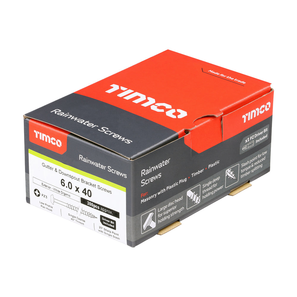 This is an image of Timco - Rainwater Screws - PZ - Low Profile Pan - Exterior - White 6.0 x 40mm - (200 PCS Box) 60040CLARWBX