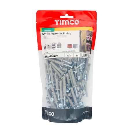 This is an image of Timco - Nylon Hammer Fixings - PZ - Zinc 6.0 x 40mm - (135 PCS TIMbag) 60040HFB
