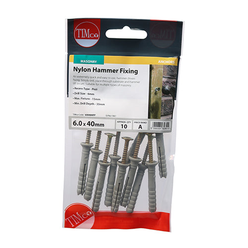 This is an image of Timco - Nylon Hammer Fixings - PZ - Zinc 6.0 x 40mm - (10 PCS TIMpac) 60040HFP