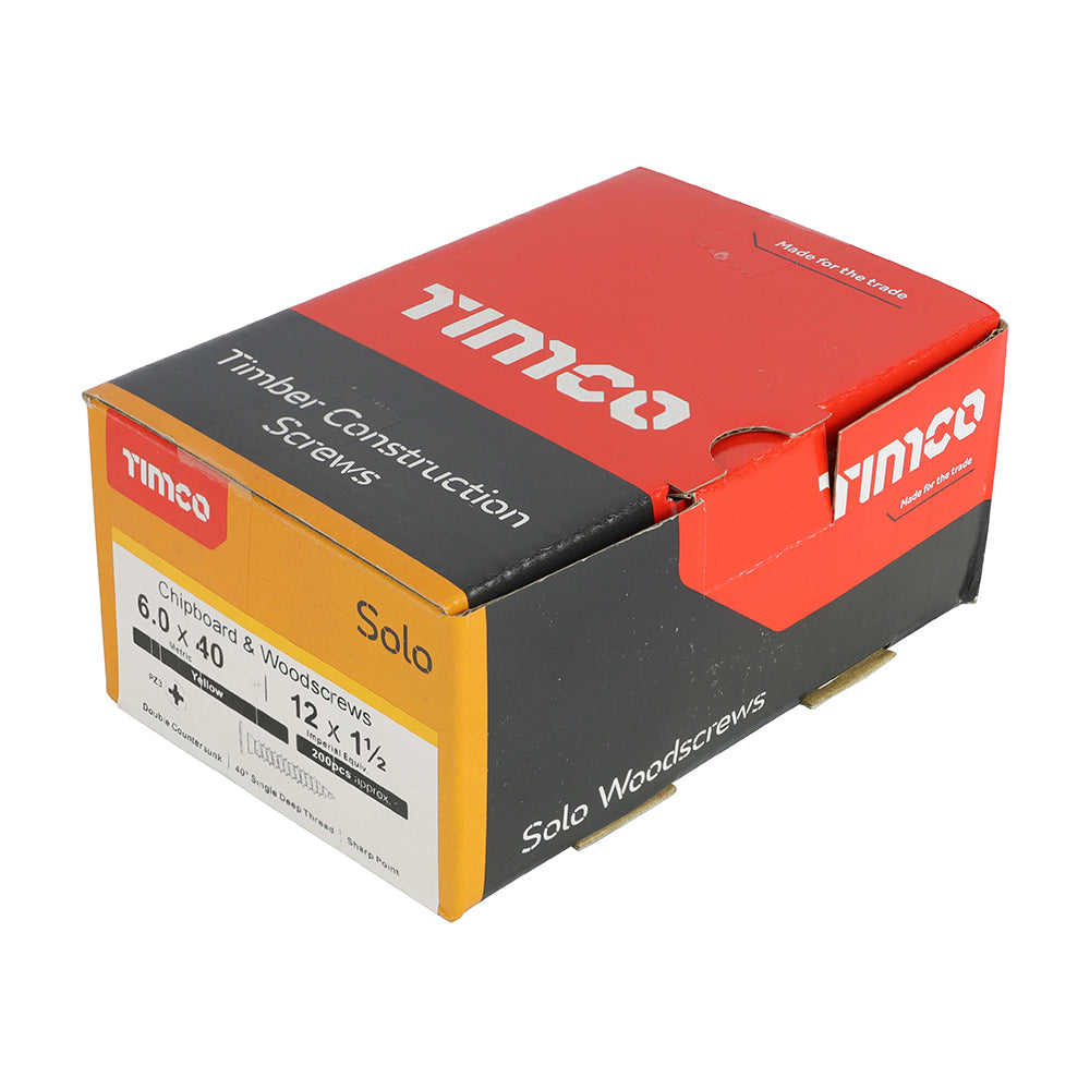 This is an image of Timco - Solo Chipboard & Woodscrews - PZ - Double Countersunk - Yellow 6.0 x 40mm - (200 PCS Box) 60040SOLOC